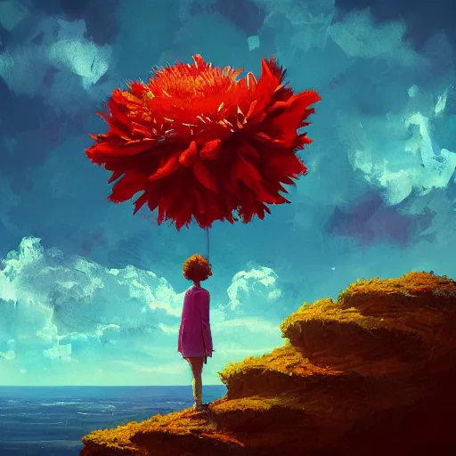Prompt: closeup, giant flower head, girl standing on cliff, surreal photography, sunrise, blue sky, dramatic light, impressionist painting, digital painting, artstation, simon stalenhag