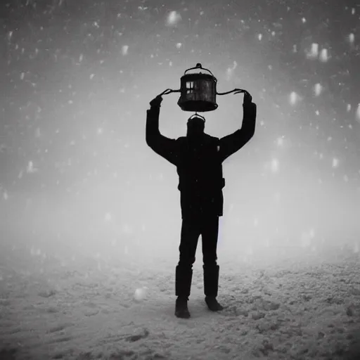 Prompt: a man holds a lantern, snowstorm, alien landscape, foggy, cold, view from the distance, black and white vintage photo