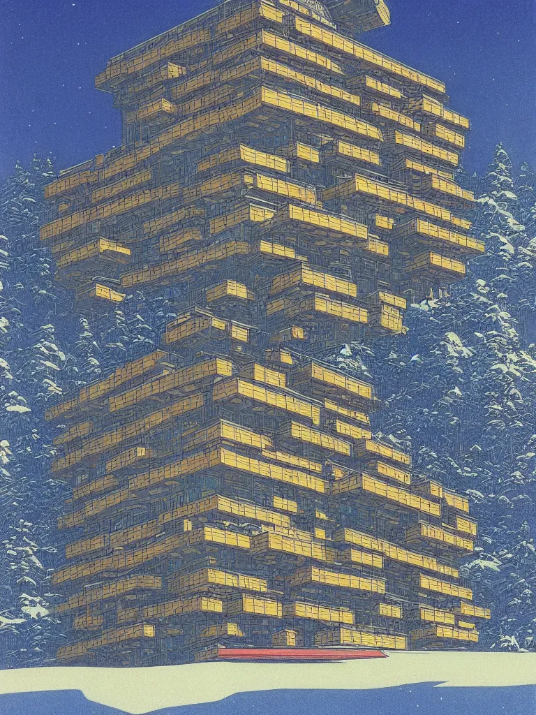 Prompt: a psychedelic hallucination of a brutalist hotel in the snowy mountains, by kawase hasui, moebius, edward hopper, colorful flat surreal design, dramatic lighting, hd, 8 k, artstation