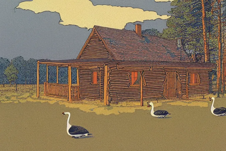 Image similar to country road cabin goose by moebius