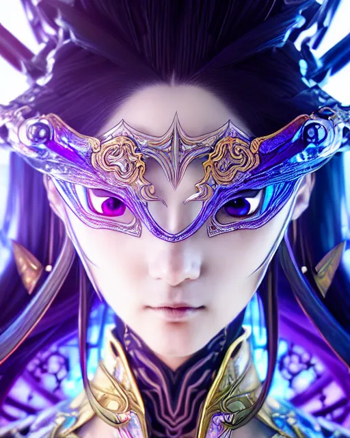 Image similar to anime portrait of an iridescent opal cyborg kunoichi, intricate ornate details, fantasy, elegant, highly detailed, digital painting, artstation, concept art, smooth, sharp focus, illustration, artbook, splash art, promo art, soul calibur, league of legends, art by artgerm and greg rutkowski and bo chen and jin xiaodi