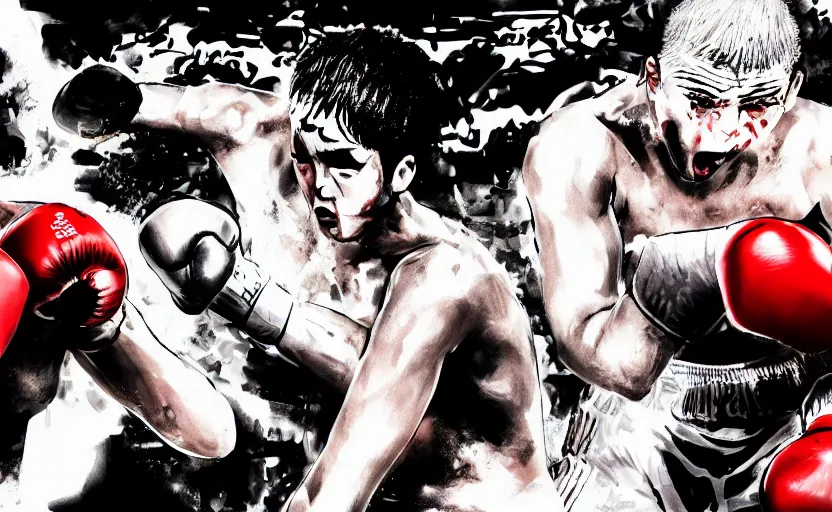 Prompt: a violent boxing match, a boxer punches a boxer in the face, anime, manga panel, masterpiece, by joji morikawa, 4 k wallpaper, bloody, sweaty, hajime no ippo manga inspired