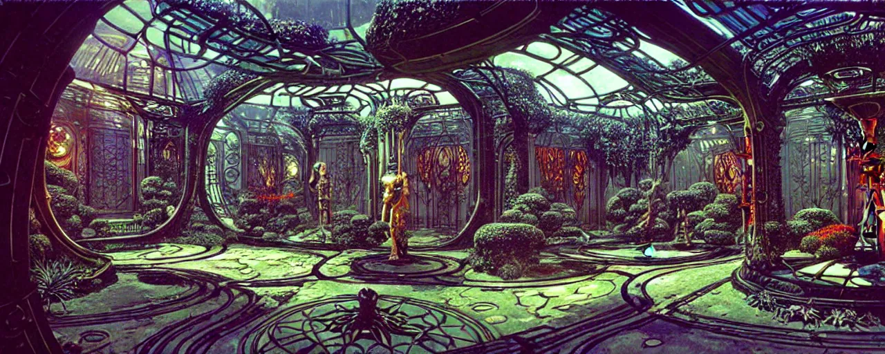 Image similar to a luxurious scifi futuristic victorian garden courtyard by killian eng, moebius, philippe druillet