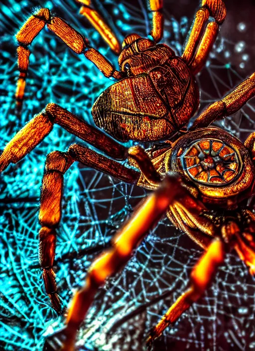 Image similar to macro photo of an intricate biomechanical spider, on the background of a weird magical mechanical forest. Round gears visible inside her hear. Very detailed 8k. Fantasy cyberpunk horror. Sharp. Cinematic post-processing