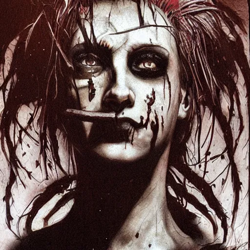Prompt: portrait painting of a scarred goth girl with a mohawk screaming, sharp focus, ultra realistic, concept art, intricate details, eerie, highly detailed, photorealistic, dark, black and white, rpg art vampire the masquerade. art by tim bradstreet