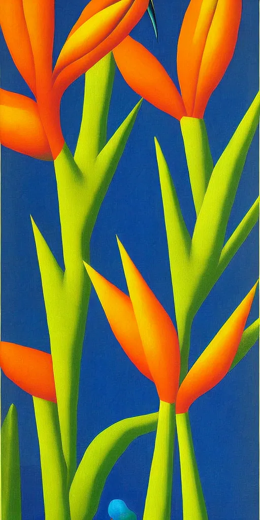 Image similar to geometric painting of birds of paradise by rene magritte