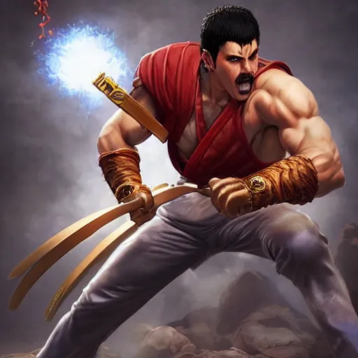 Prompt: freddy mercury as ryu street fighter, action shot, face detail, ultra realistic, concept art, intricate details, highly detailed, photorealistic, octane render, 8 k, unreal engine, art by frank frazetta, simon bisley, brom