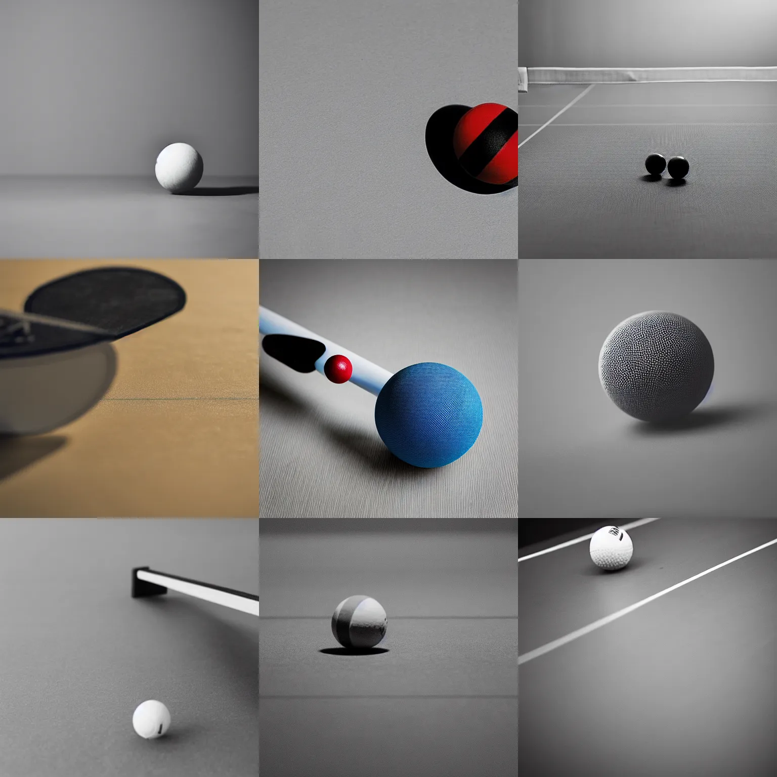 Prompt: “Table Tennis bat and ball, studio lighting, shallow depth of field”