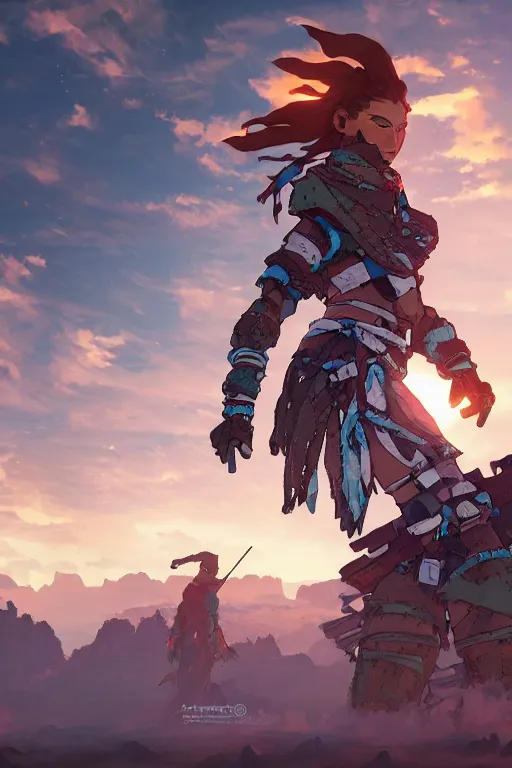 Image similar to combination suit armor aloy horizon forbidden west horizon zero dawn robot ninja mask helmet backpack tribal, aesthetic octane render, 8 k hd resolution, by ilya kuvshinov and cushart krentz and gilleard james radiating a glowing aura cgi rtx 2 0 2 2