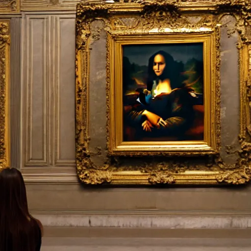 Image similar to shot from a distance, full room view, renaissance, rococo, manga, tonal, young lady, thin, dark hair, wearing flowing long babydoll - dress, flowers!, viewing the mona lisa painting inside the lourve
