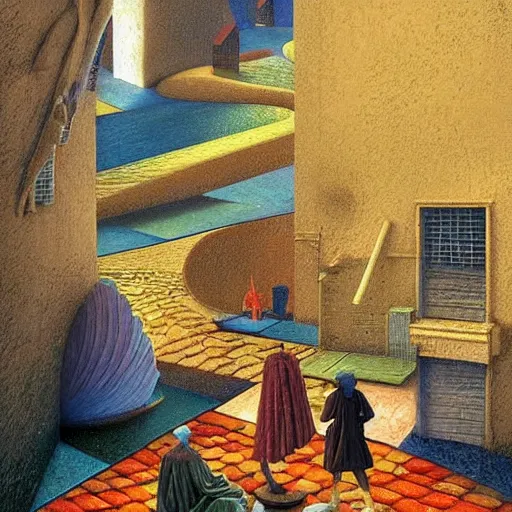 Image similar to colourful scene from a dream. digital artwork by vincent bons, michael whelan, remedios varo and gerardo dottori. grainy and rough. interesting pastel colour palette. beautiful light. oil and water colour based on high quality render.