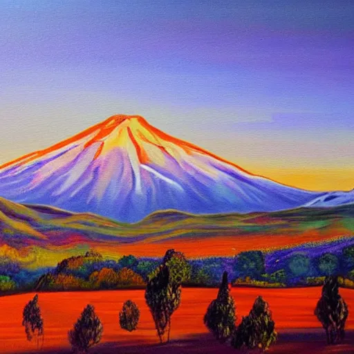 Image similar to beautiful painting of a landscape in sunset, volcano in the background