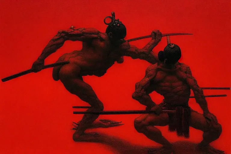 Image similar to only with red, a red samurai do seppuku, tokio, a lot of frogs watch, in the style of beksinski, parts by edward hopper, parts by rodcenko, parts by yue minjun, intricate and epic composition, red by caravaggio, insanely quality, highly detailed, masterpiece, red light, artstation, 4 k