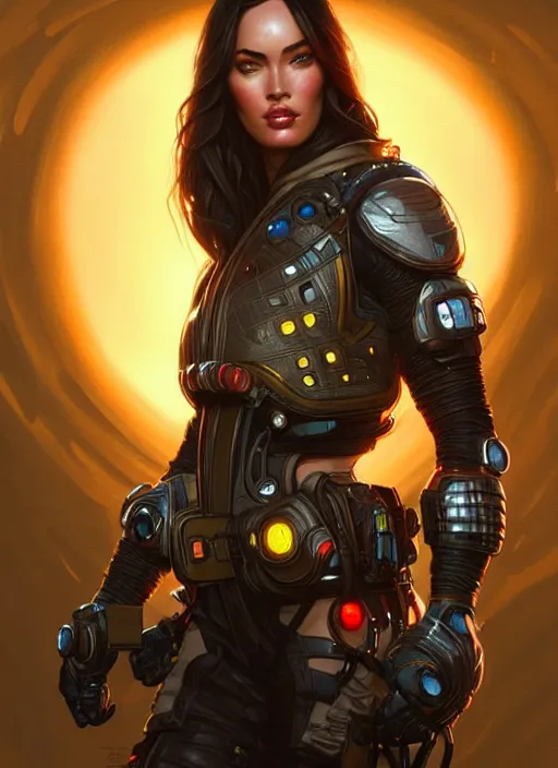 Image similar to portrait of apex legends megan fox, intricate, elegant, glowing lights, highly detailed, digital painting, artstation, glamor pose, concept art, smooth, sharp focus, illustration, art by artgerm and greg rutkowski, artey freytag