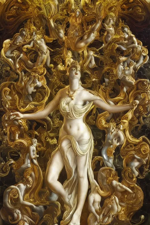 Image similar to marble sculpture depicting a woman programming the samsara holy cluster, dramatic light, concept art, stunning, visionary, mystical, hyper realistic, beautiful, wow, gilt metal, rich marbles, by gian lorenzo bernini, by brecht evens, by jean delville, in the style of francis bacon