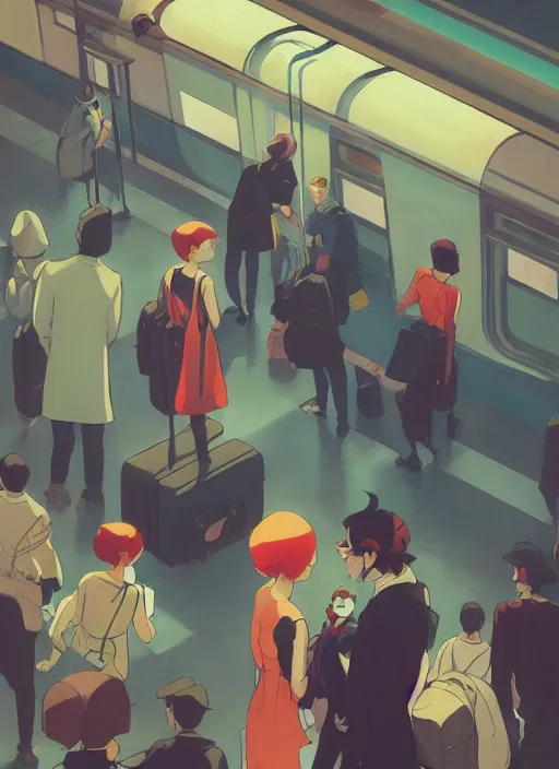 Prompt: crowd of people in a train station, dark depressed mood, in the style of artgerm, gerald brom, atey ghailan and mike mignola, vibrant colors and hard shadows and strong rim light, plain background, comic cover art, trending on artstation