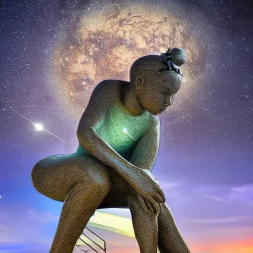 Image similar to A beautiful sculpture featuring a night sky filled with stars, and a small town in the distance. The sculpture is very peaceful and calming biopunk by Bill Medcalf, by Lisa Frank stormy