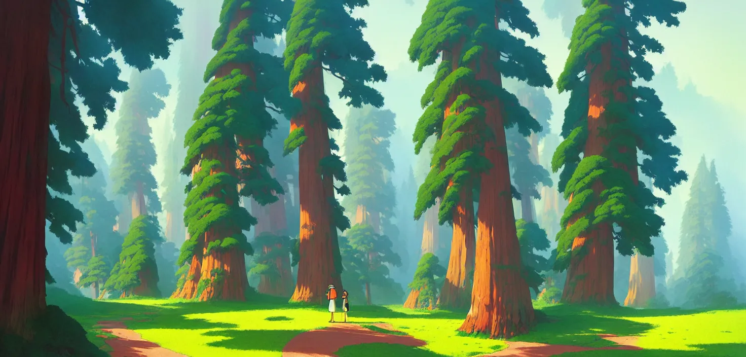 Image similar to Sequoia park in a colorful moutain with beautiful trees , no people, morning, by studio ghibli painting, superior quality, masterpiece, traditional Japanese colors, by Grzegorz Rutkowski, concept art