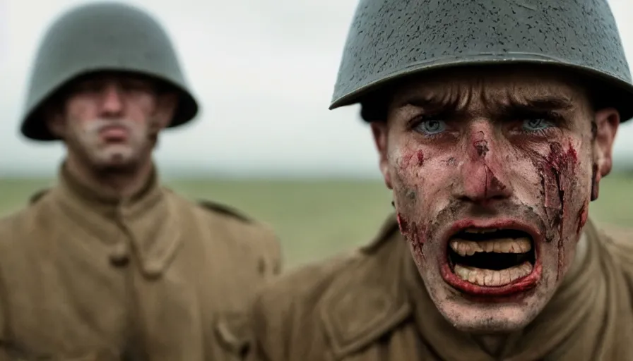 Image similar to World War 1 soldier screaming in anguish, close-up of face, wartorn landscape, dirty lens, shallow depth of field, cinematic lighting, IMAX, cinematography by Roger Deakins, 35mm