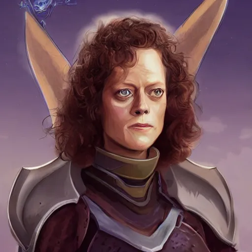 Prompt: young sigourney weaver as a d & d paladin, character portrait by wlop