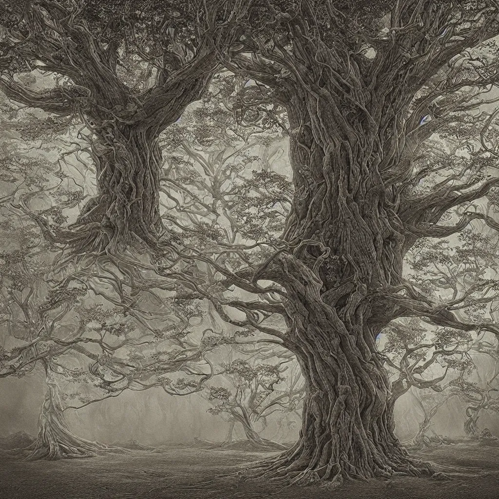 Prompt: tree of life, yggdrasil, moody lighting, by moebius, by laurie lipton