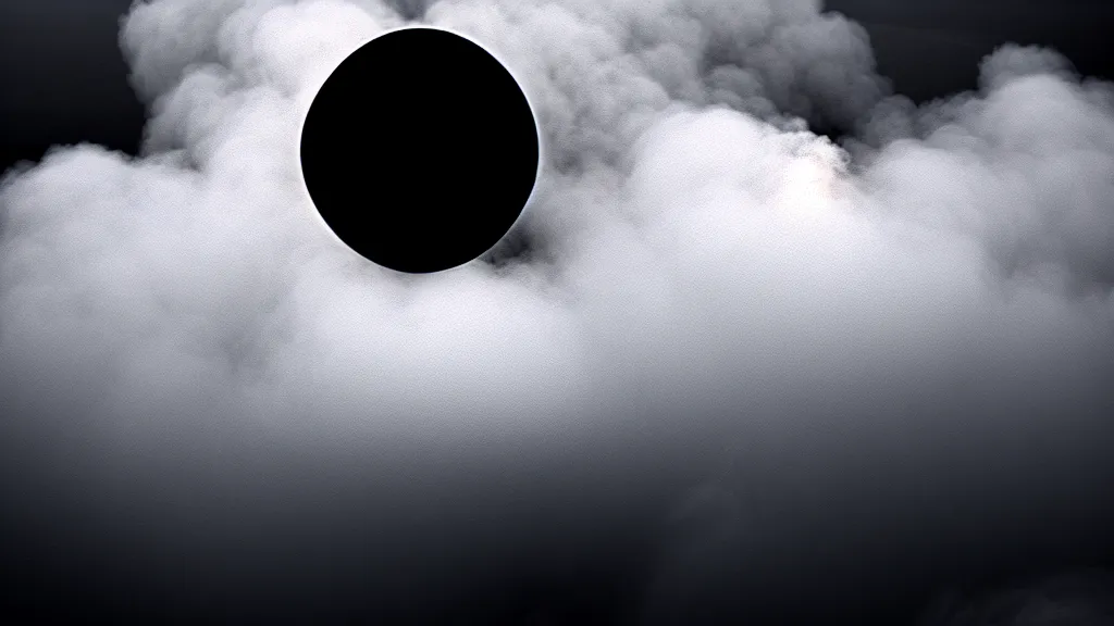 Prompt: plumes of smoke flow out of a black sphere in the sky, fog, volumetric lighting, mystique, atmospheric, sharp focus, ultra detailed, noir art house, 4 k, cinematic, 3 5 mm