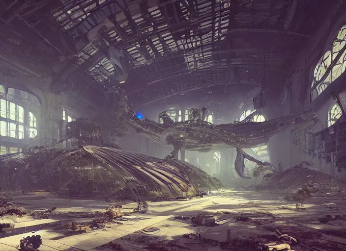 Prompt: an alter in futuristic solarpunk space ship factory in crumbling ruins, intricate detail, volumetric lighting, epic composition, hyper detailed, ultra realistic, sharp focus, octane render, volumetric, ray tracing, artstation trending, cgsociety, sense of awe, 4 k