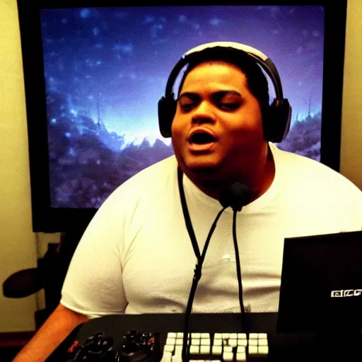 Prompt: obese Michael Jackson wearing a headset yelling at his monitor while playing WoW highly detailed wide angle lens 10:9 aspect ration award winning photography by David Lynch esoteric erasure head