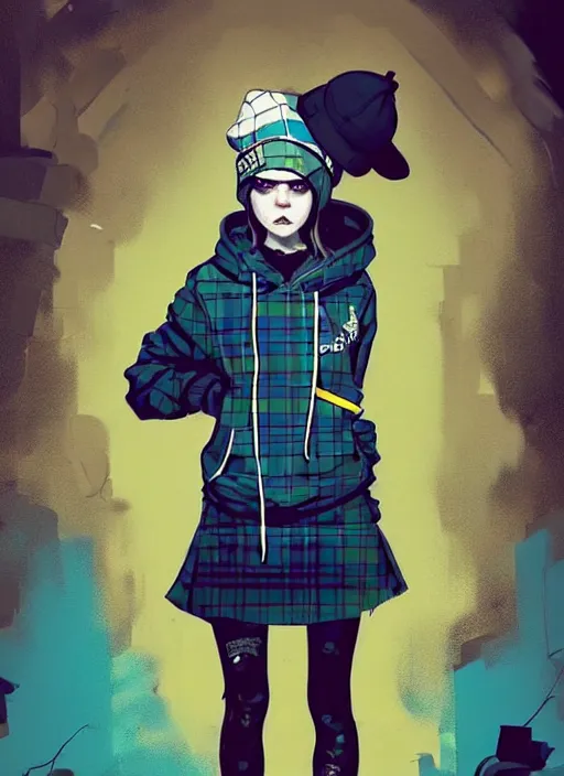 Image similar to highly detailed portrait of a sewer punk lady student, blue eyes, tartan hoody, hat, white hair by atey ghailan, by greg rutkowski, by greg tocchini, by james gilleard, by joe fenton, by kaethe butcher, gradient yellow, black, brown and cyan color scheme, grunge aesthetic!!! ( ( graffiti tag wall background ) )