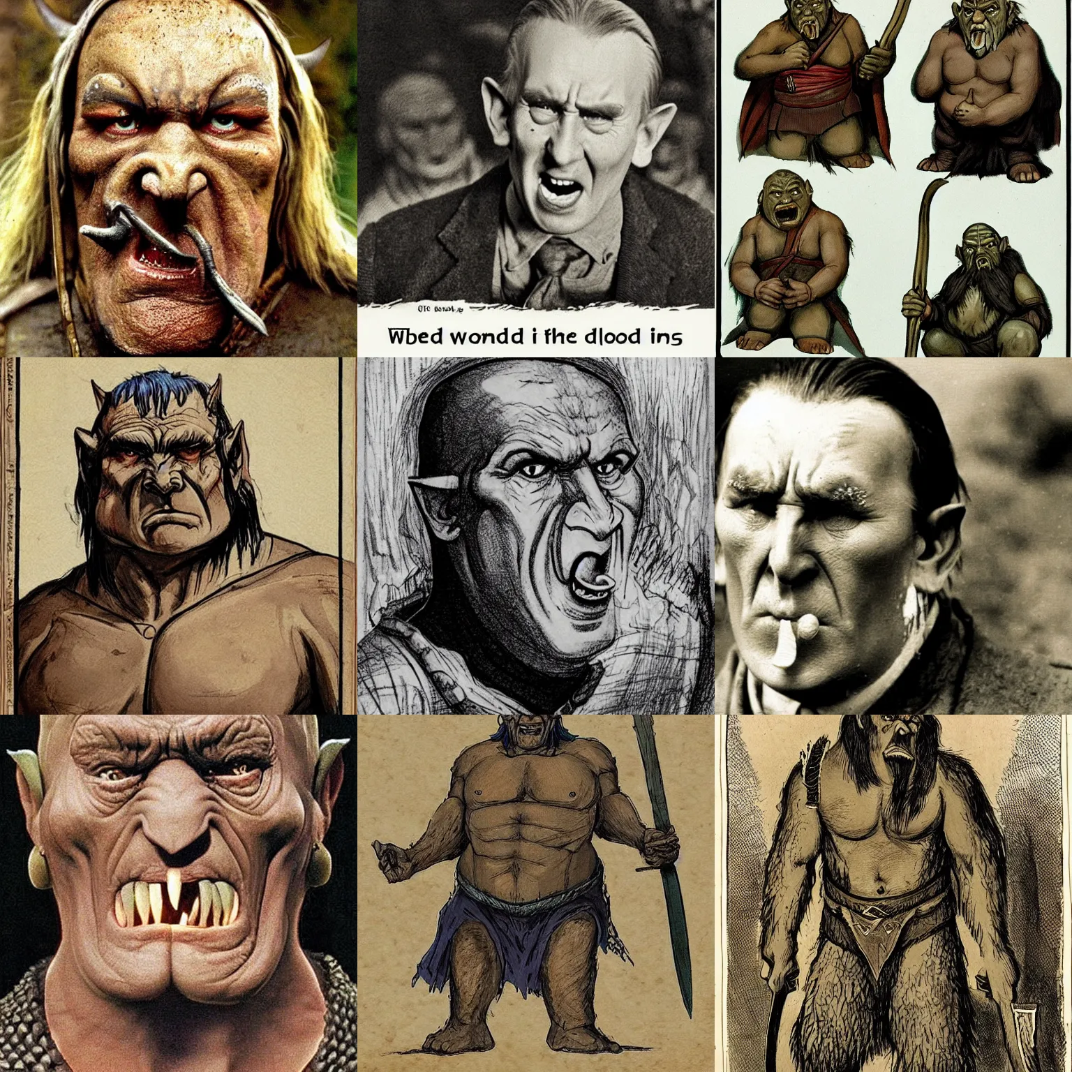 Prompt: here are the words tolkien used to describe his orcs :... squat, broad, flat - nosed, sallow - skinned, with wide mouths and slant eyes ; in fact degraded and repulsive versions of the ( to europeans ) least lovely mongol - types.