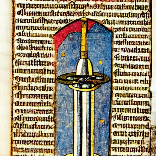 Prompt: bad drawedmix between a turborreactor and a rocket in a medieval manuscript, medieval manuscript, golden miniatures