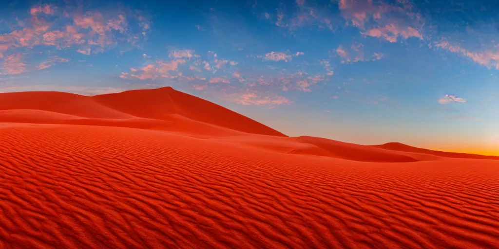 Image similar to egyptian desert with red sand hills, beautiful, dawn, photorealistic, panoramic shot, 4 k