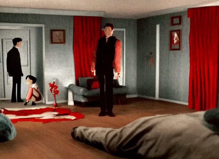 Prompt: Still frame the retro Twin Peaks, depicting the red room scene from Twin Peaks, a little man and a dead tree are in the room, directed by Nobuhiko Obayashi