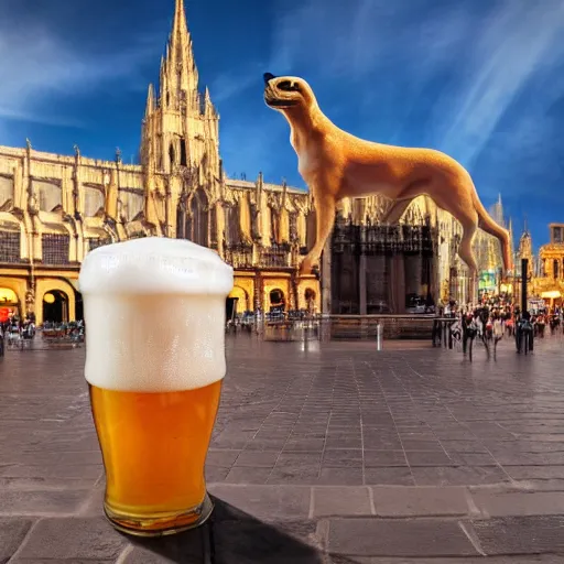 Image similar to A beautiful humanoid Puma holding a dripping fresh beer with its paws in the city centrum from Palma de Mallorca with Palma Cathedral in the background, highly detailed, octane render, k, cinematic, high detail, unreal engine, 8k, High contrast, golden ratio, trending on cgsociety