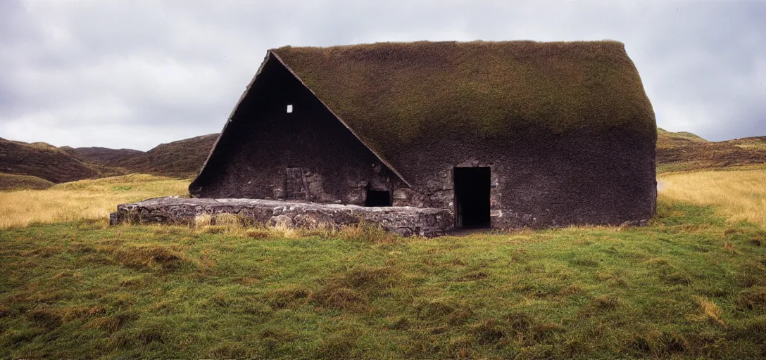 Image similar to scottish blackhouse designed by oscar niemeyer. fujinon premista 1 9 - 4 5 mm t 2. 9. portra 8 0 0.