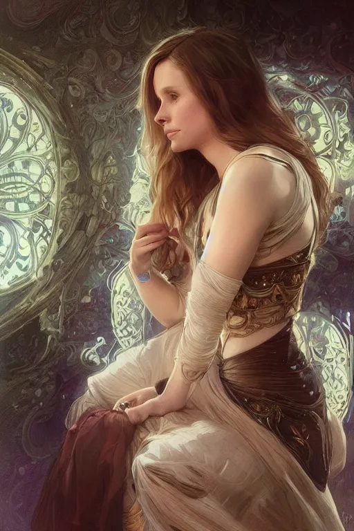 Prompt: beautiful Kristen Bell, intricate, elegant, highly detailed, digital painting, artstation, concept art, smooth, sharp, focus, illustration, art by artgerm and greg rutkowski and alphonse mucha