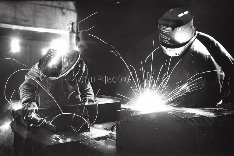 Image similar to welder in welding mask in a berlin dance club, ominous lighting, by richard avedon, tri - x pan stock