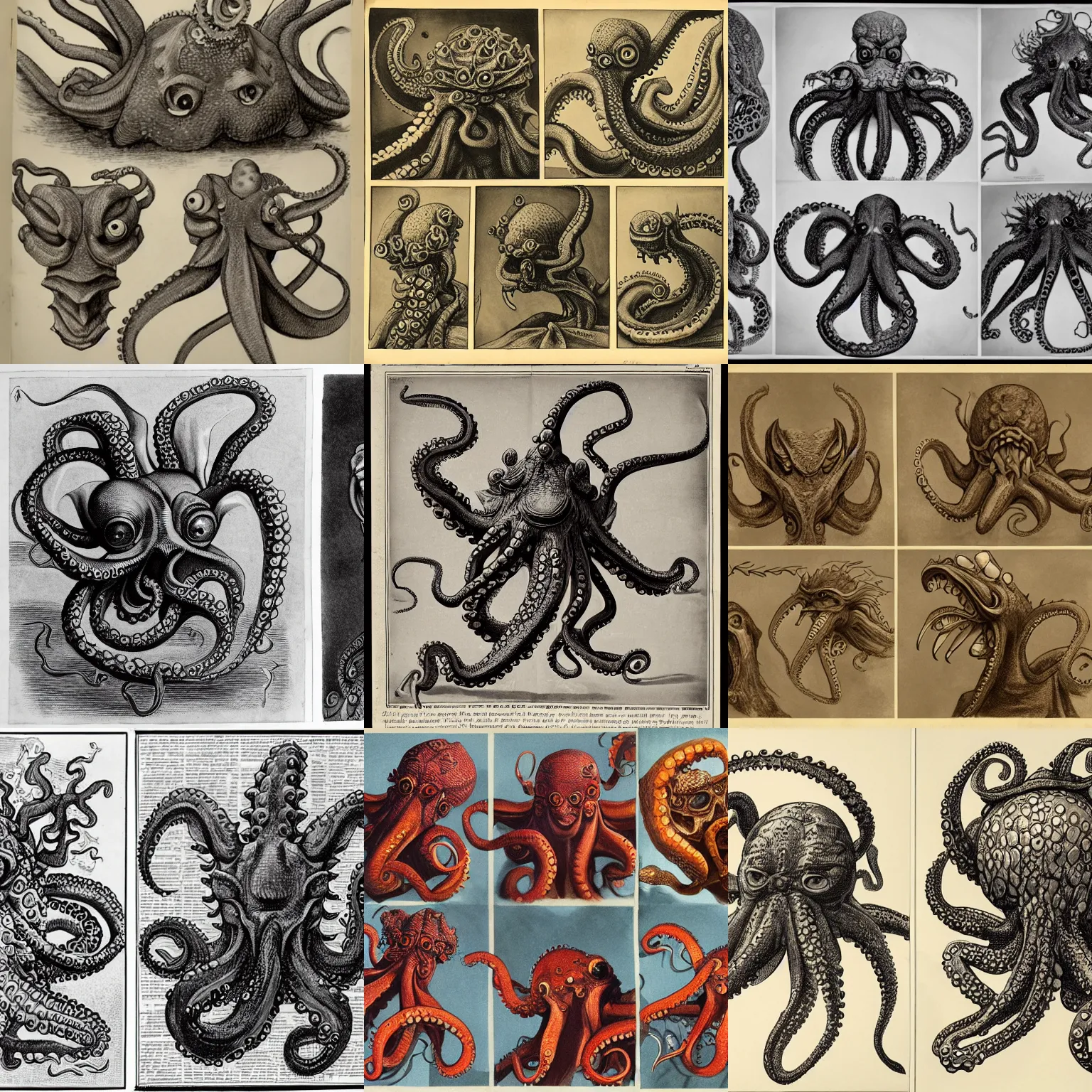 Prompt: simultaneous pictures of an octopus, a dragon, and a human caricature [...] A pulpy, tentacled head surmounted a grotesque and scaly body with rudimentary wings,represented a monster of vaguely anthropoid outline, but with an octopus-like head whose face was a mass of feelers, a scaly, rubbery-looking body, prodigious claws on hind and fore feet, and long, narrow wings behind. Caustic lighting, Caravaggio skies, August bouguereau, Francis Bacon.