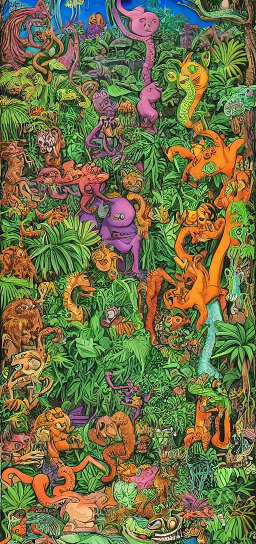 Image similar to a jungle of lies, with creatures of all kinds, full color in the style of jim woodring