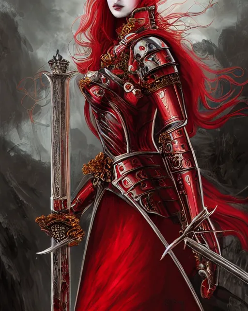 Prompt: redhead queen knight in red armor, wielding giant sword, inside an epic gothic castle, rococo, large crown, face with scars, intimidating, ominous, high fantasy, intricate detail, digital painting, artstation, concept art, smooth, sharp focus, illustration, art by yoshitaka amano and monia merlo and wlop
