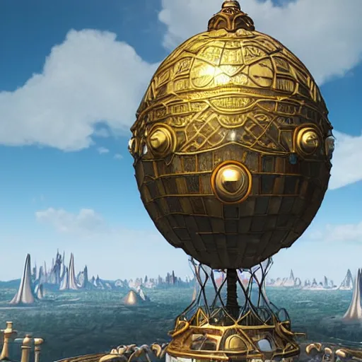 Image similar to enormous flying city in a faberge egg, sky, steampunk, fantasy art, masterpiece, unreal engine 5