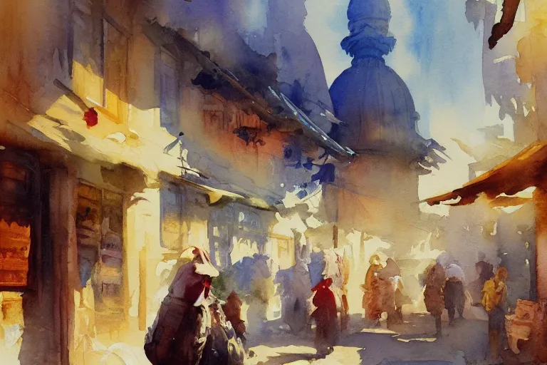 Prompt: small centered on watercolor paper, paint brush strokes, abstract watercolor painting of ancient spice market, cinematic light, national romanticism by hans dahl, by jesper ejsing, by anders zorn, by greg rutkowski, by greg manchess, by tyler edlin