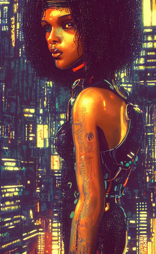 Image similar to a beautiful young Black woman, cyberpunk, Blade Runner city background, highly detailed, artstation, illustration, art by Gustav Klimt, 8K