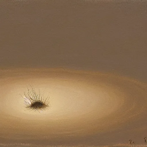 Image similar to painting of a single small seed sitting in a shallow hole in fresh earth. the painting is characterized by its use of light and shadow to create a sense of depth, its muted colors, and its focus on nature.