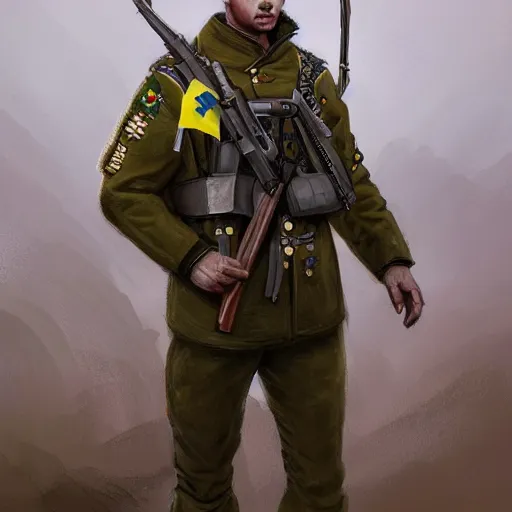 Image similar to ukrainian soldiers in traditional uniform, happy, concept art, trending on artstation, highly detailed, intricate, sharp focus, digital art, 8 k