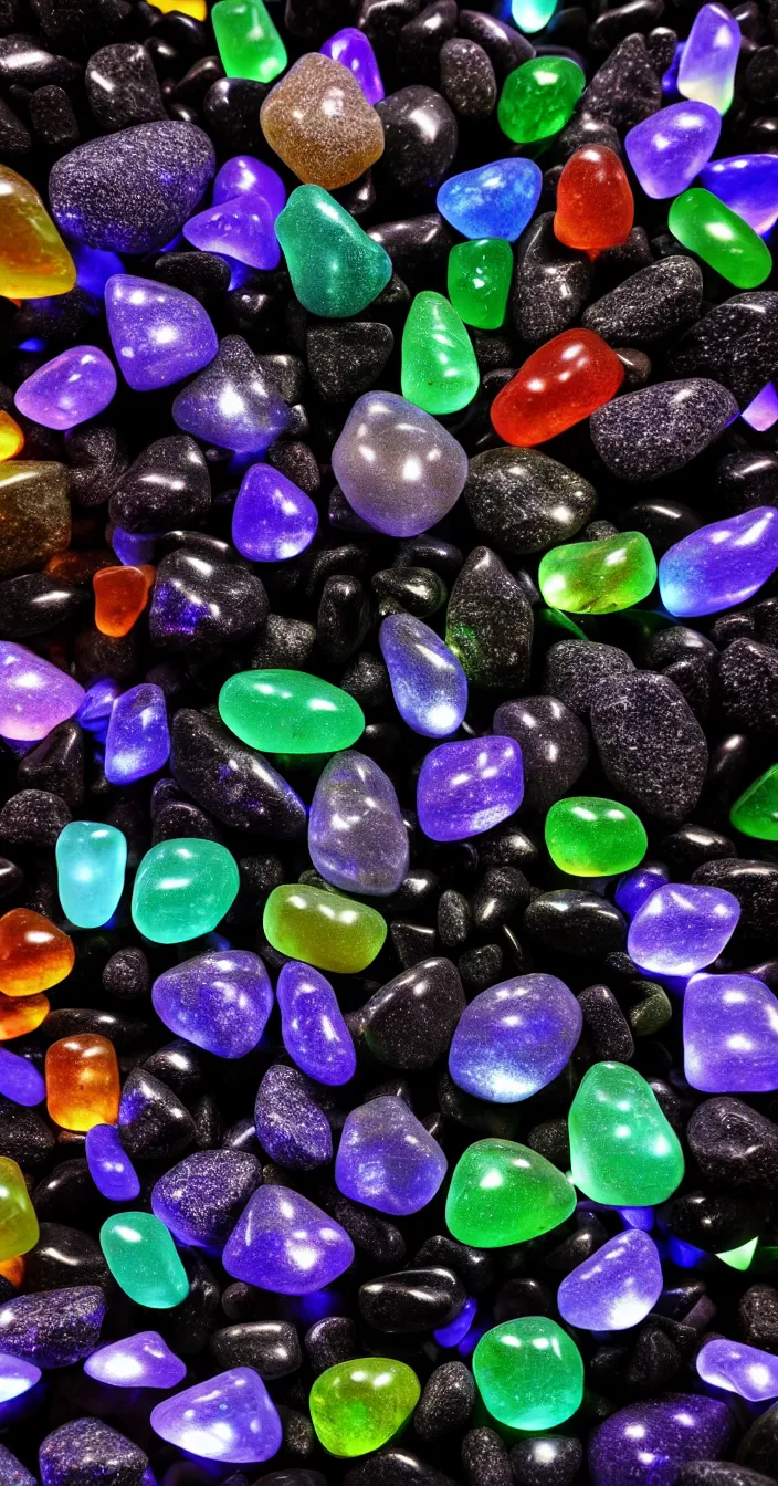 Prompt: highly detailed realistic photo of medium size mix colored transparent stones glowing from behind in dark black background, vibrant colors, award winning masterpiece photography, hyper realistic, concept art, 8 k detail post - processing