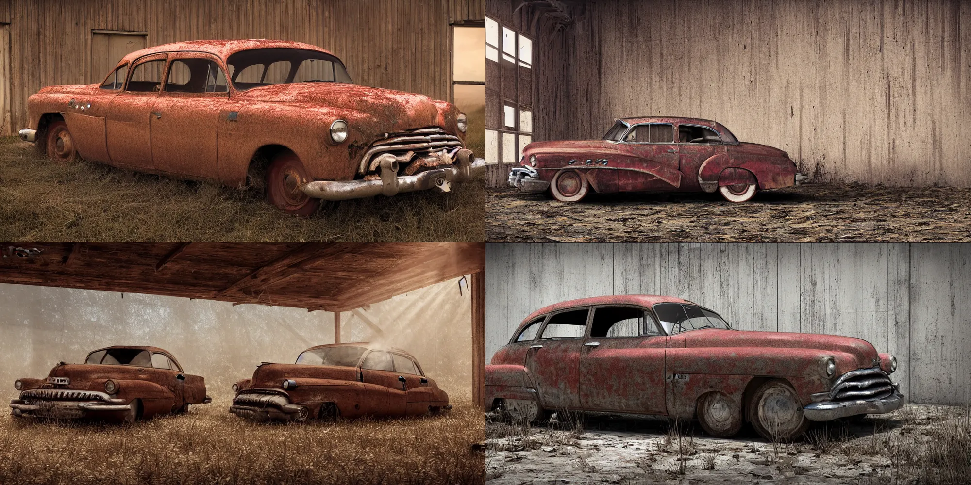 Prompt: Photograph of an abandoned rusty 1950's Buick in a barn, covered with cobwebs and dust, soft lighting, crepuscular rays, realistic octane render, 8k, ultra detailed, concept art