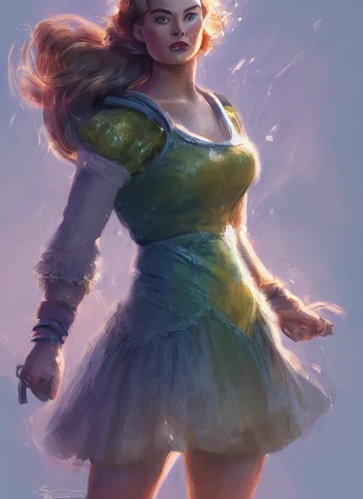 Image similar to beautiful female dorothy gale, margot robbie as dorothy, full body character concept, armor, super powers, fantasy, intricate, elegant, highly detailed, digital painting, artstation, concept art, shining, sharp focus, illustration, art by stanley lau