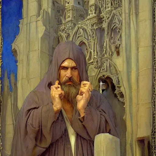 Prompt: a religious man with holes in his robes, holes in a religious man, annie swynnerton and nicholas roerich and jean delville, strong dramatic cinematic lighting, ornate tiled architecture, lost civilizations, smooth, sharp focus, extremely detailed