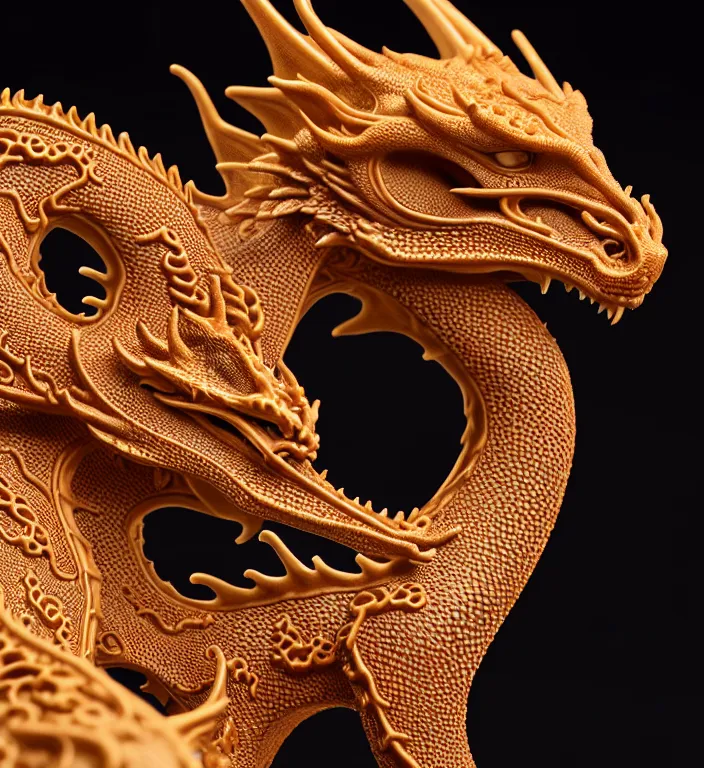 Prompt: Dragon, A Close up photo-real delicate ceramic porcelain sculpture of a symmetrical ornate detailed in front of an intricate background by Victo Ngai and takato yamamoto, micro detail, backlit lighting, face in focus, subsurface scattering, translucent, thin porcelain, octane renderer, colorful, physically based rendering, japanese pottery, trending on cgsociety